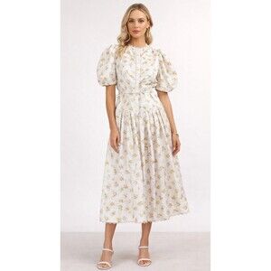 Alemais Bea Midi Dress Floral Yellow Puff Sleeve Lace Trim AU 8 US 4 Silk Linen